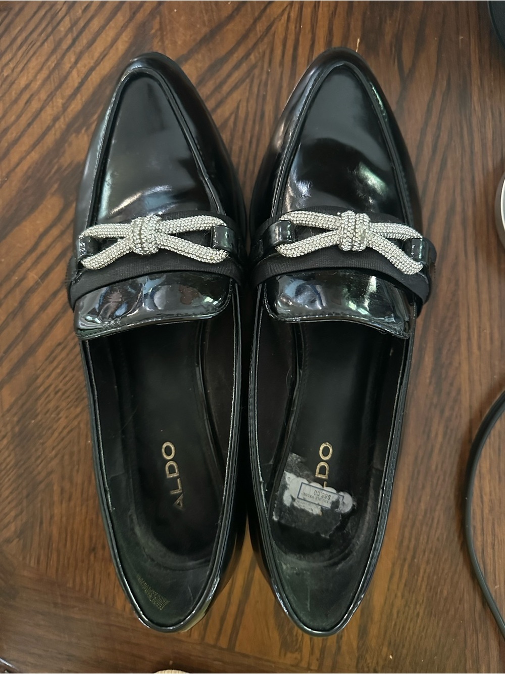 ALDO Black Patent Loafers Rhinestone Knot Detail Quiet Luxury Office Preppy